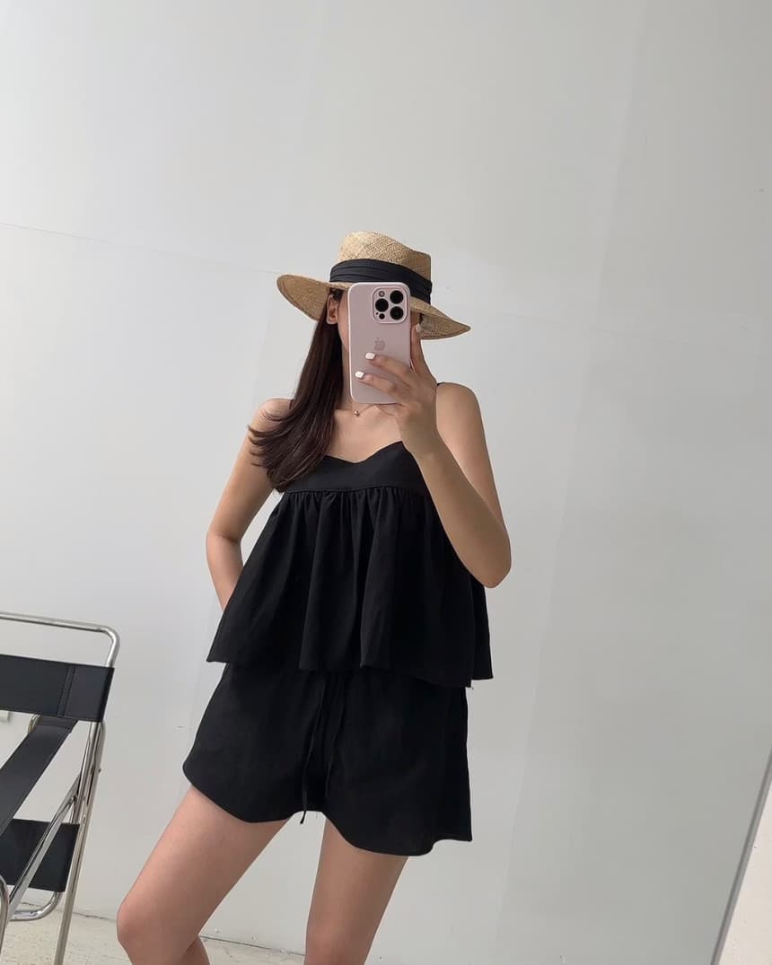 있음 선적 광장 칼라 멜빵 인형 셔츠 넓은 다리 캐주얼 반바지 세트 여성 상세 이미지 10