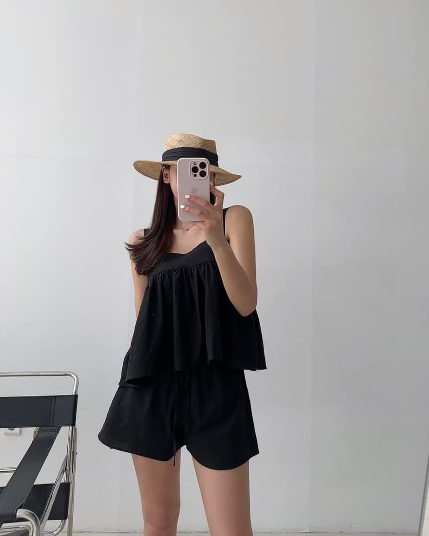 있음 선적 광장 칼라 멜빵 인형 셔츠 넓은 다리 캐주얼 반바지 세트 여성 상세 이미지 11
