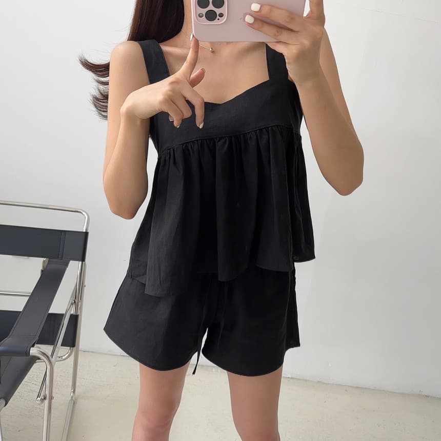 있음 선적 광장 칼라 멜빵 인형 셔츠 넓은 다리 캐주얼 반바지 세트 여성 상세 이미지 15