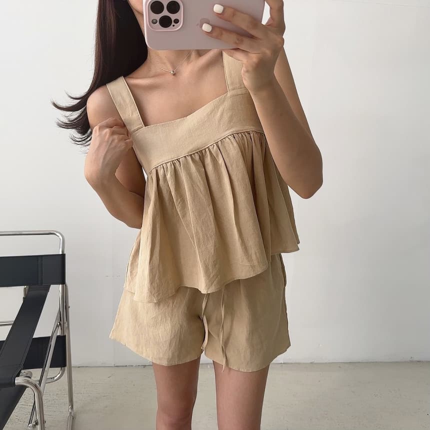 있음 선적 광장 칼라 멜빵 인형 셔츠 넓은 다리 캐주얼 반바지 세트 여성 상세 이미지 21