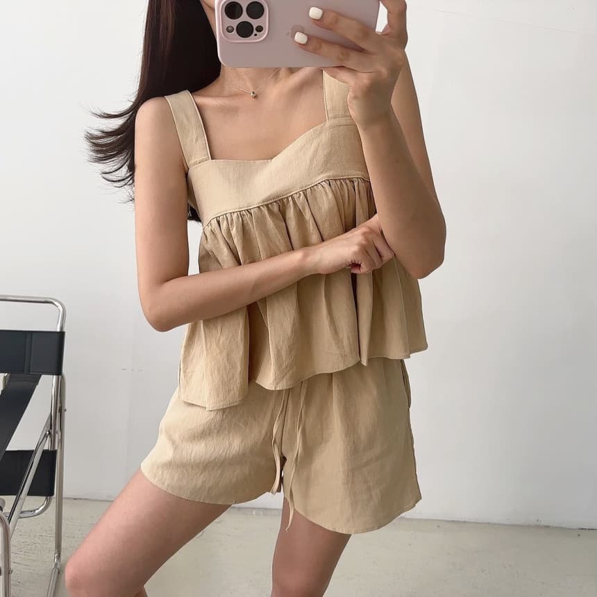 있음 선적 광장 칼라 멜빵 인형 셔츠 넓은 다리 캐주얼 반바지 세트 여성 상세 이미지 22
