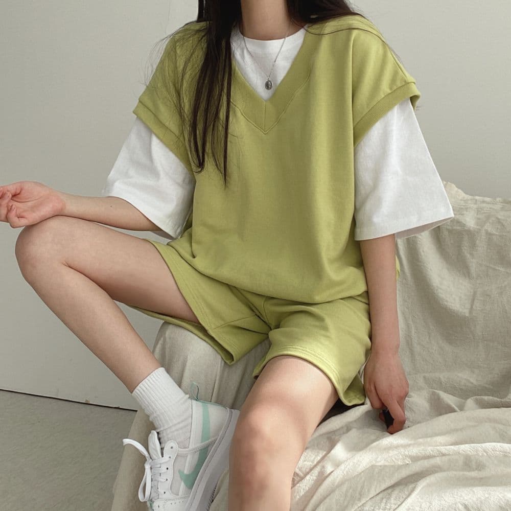 있음 선적 베스트 후드티 캐주얼 반바지 투피스 슈트 여성 상세 이미지 7
