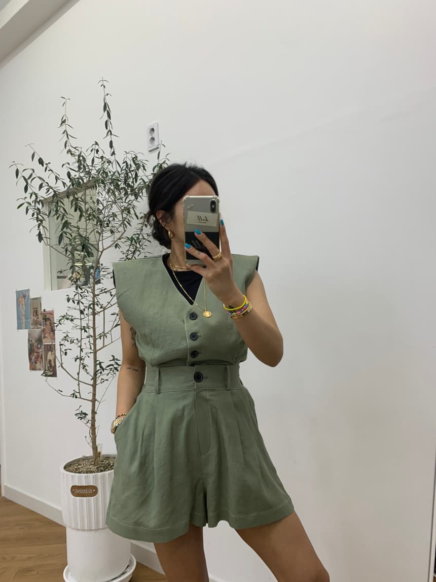 있음 선적 민소매 조끼 베스트 명중 Pleat 캐주얼 반바지 세트 여성 상세 이미지 19