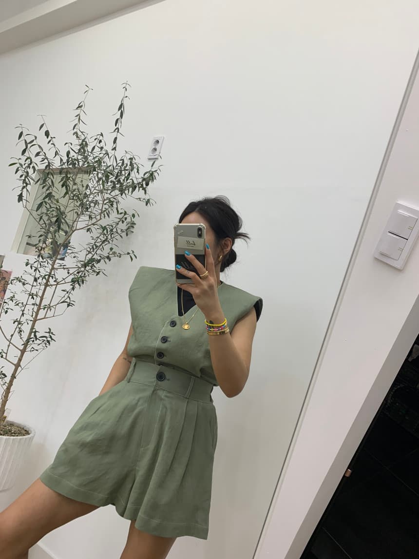 있음 선적 민소매 조끼 베스트 명중 Pleat 캐주얼 반바지 세트 여성 상세 이미지 20