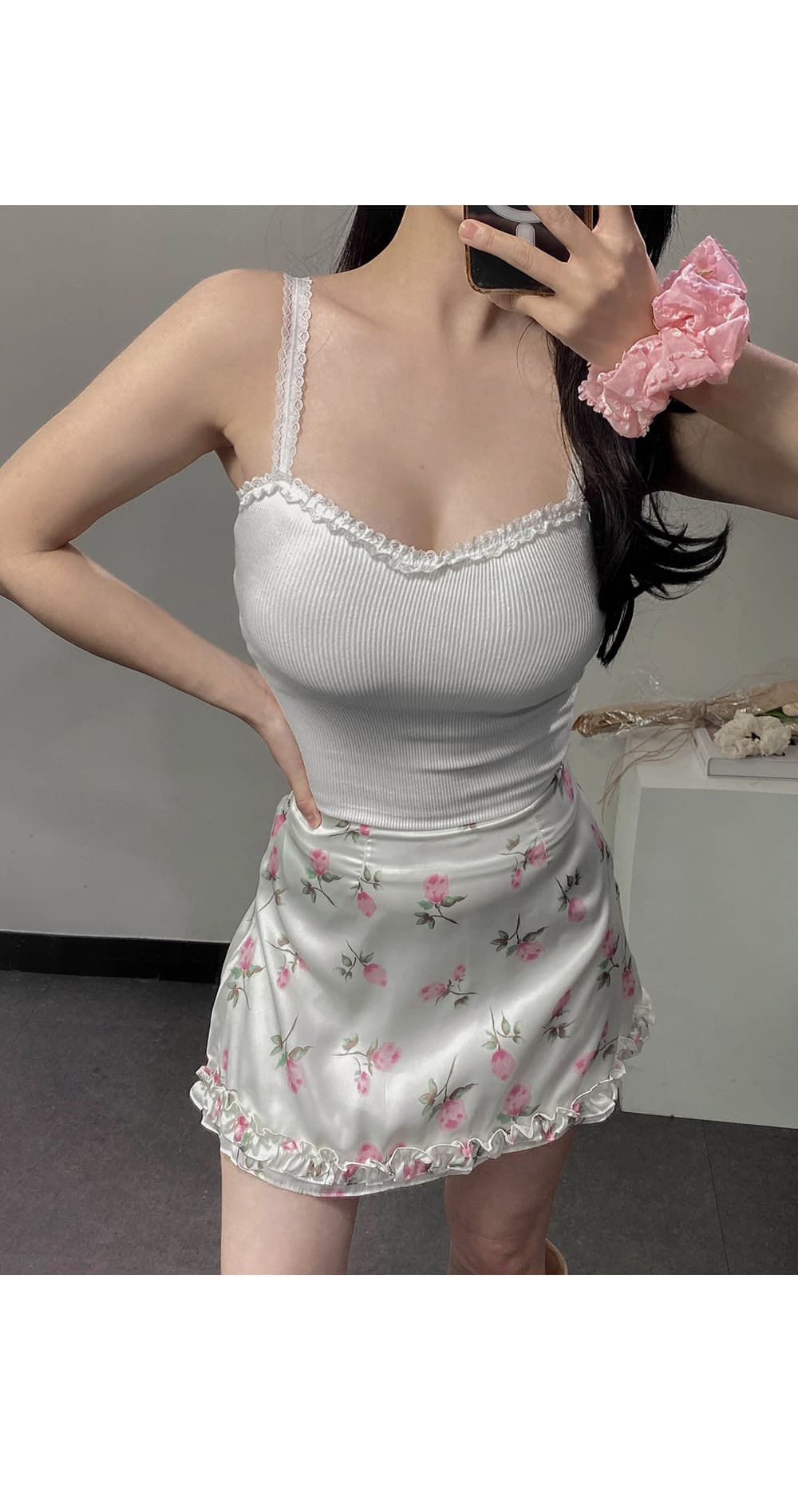 있음 선적 새로운 프릴 프린트 반신 미니 스커트 상세 이미지 9