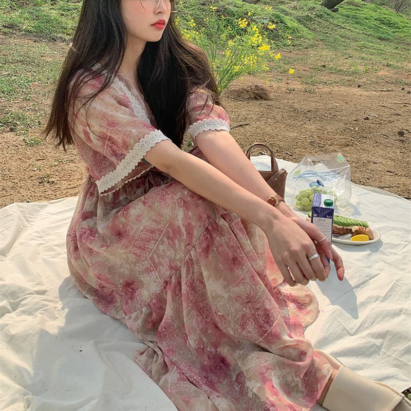 있음 선적 V넥 레이스 패치워크 펌프 로프 드레스 이미지 3