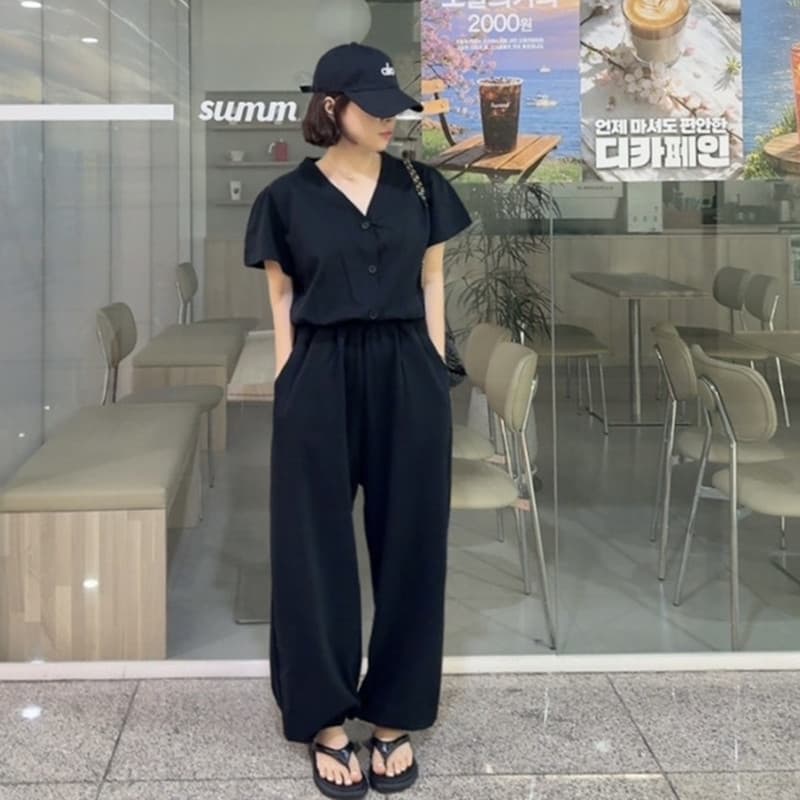 새로운 싱글 줄 버튼 V넥 허리 수축 점프 슈트 이미지 3