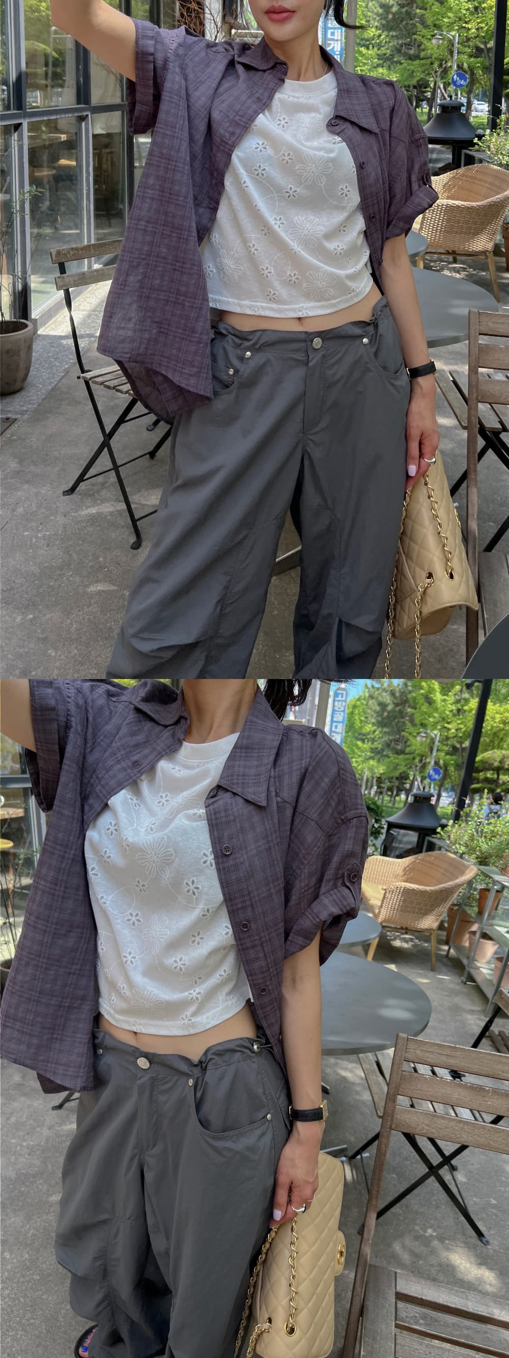 새로운 루즈핏 체크무늬 레트로 품격 슬림해 보이는 폴로 칼라 반팔 여성 셔츠 상세 이미지 19