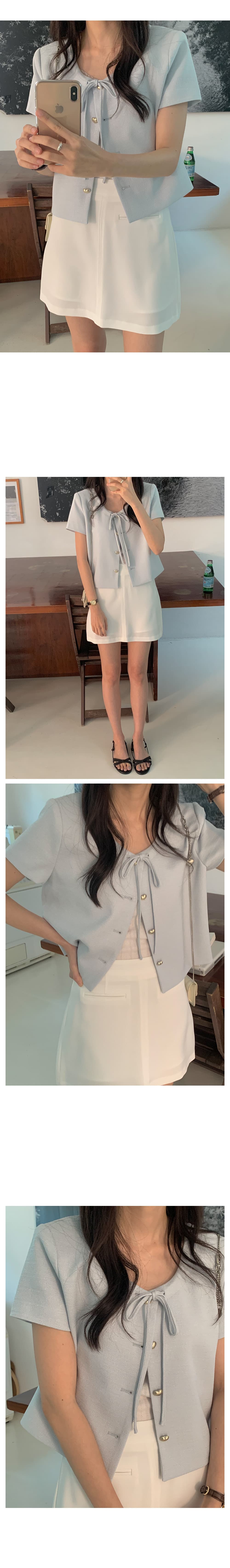 있음 선적 레이스업 하트 버클 라운드 넥 반팔 작은 키 맨위 여성 상세 이미지 3