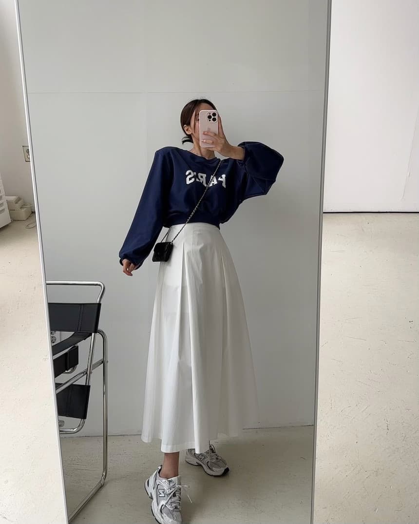 있음 선적 단색 허리밴드 주름 반신 스커트 상세 이미지 26