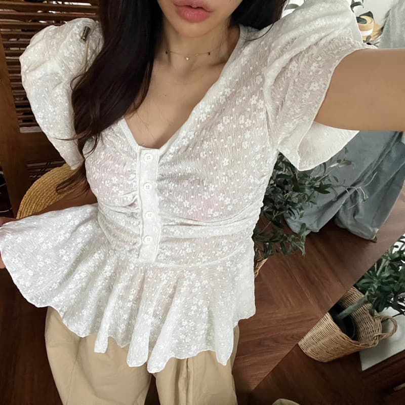 있음 선적 새로운 디자인 센스 V넥 레이스 버블 반팔 여성 셔츠