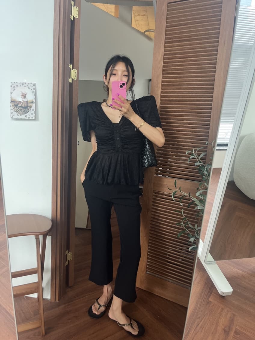 있음 선적 새로운 디자인 센스 V넥 레이스 버블 반팔 여성 셔츠 상세 이미지 2