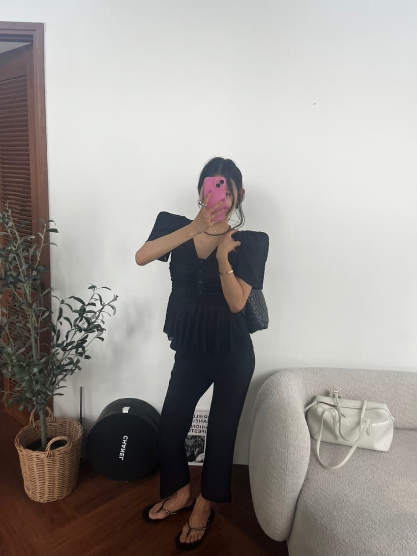 있음 선적 새로운 디자인 센스 V넥 레이스 버블 반팔 여성 셔츠 상세 이미지 9