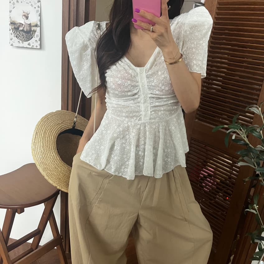 있음 선적 새로운 디자인 센스 V넥 레이스 버블 반팔 여성 셔츠 상세 이미지 19