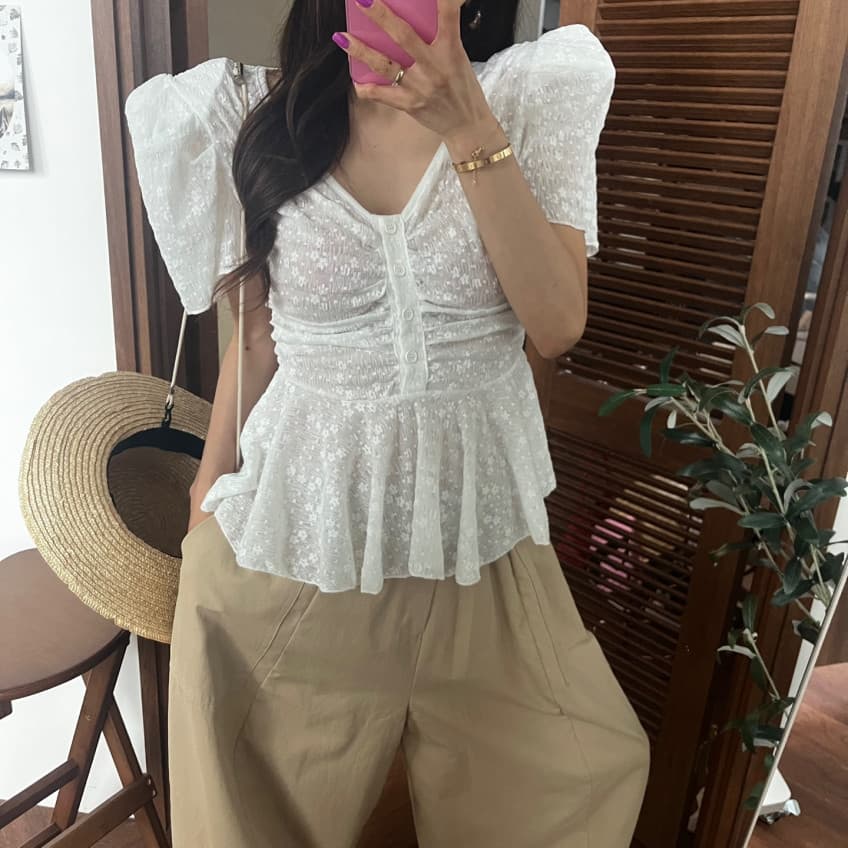 있음 선적 새로운 디자인 센스 V넥 레이스 버블 반팔 여성 셔츠 상세 이미지 23
