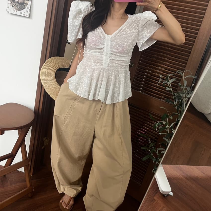 있음 선적 새로운 디자인 센스 V넥 레이스 버블 반팔 여성 셔츠 상세 이미지 25