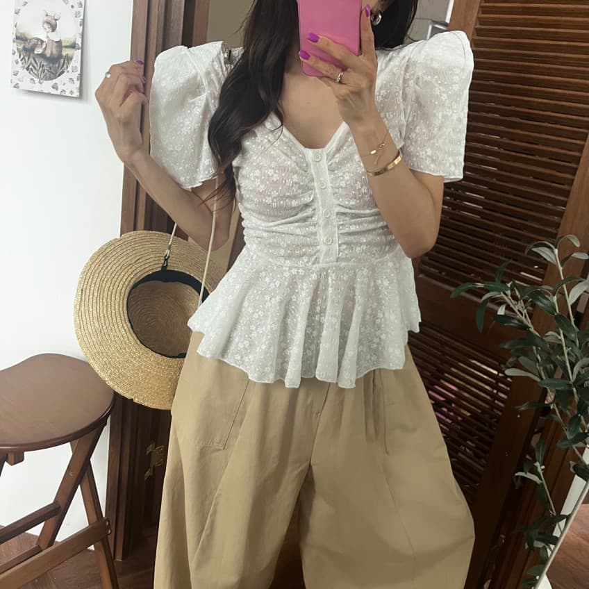 있음 선적 새로운 디자인 센스 V넥 레이스 버블 반팔 여성 셔츠 상세 이미지 30
