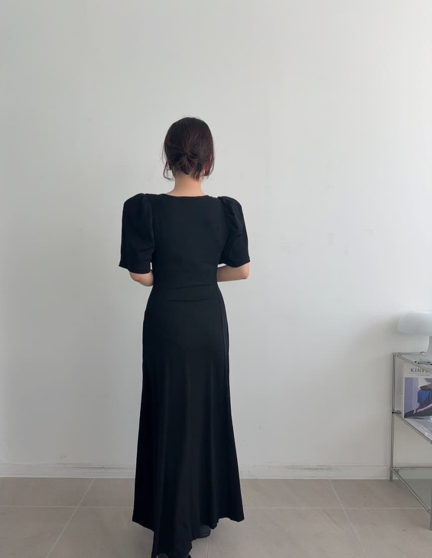 있음 선적 광장 칼라 단색 거품 소매 니트 드레스 상세 이미지 8