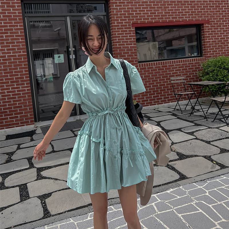 있음 선적 폴로 칼라 허리 수축 프릴 반팔 셔츠 드레스 이미지 3