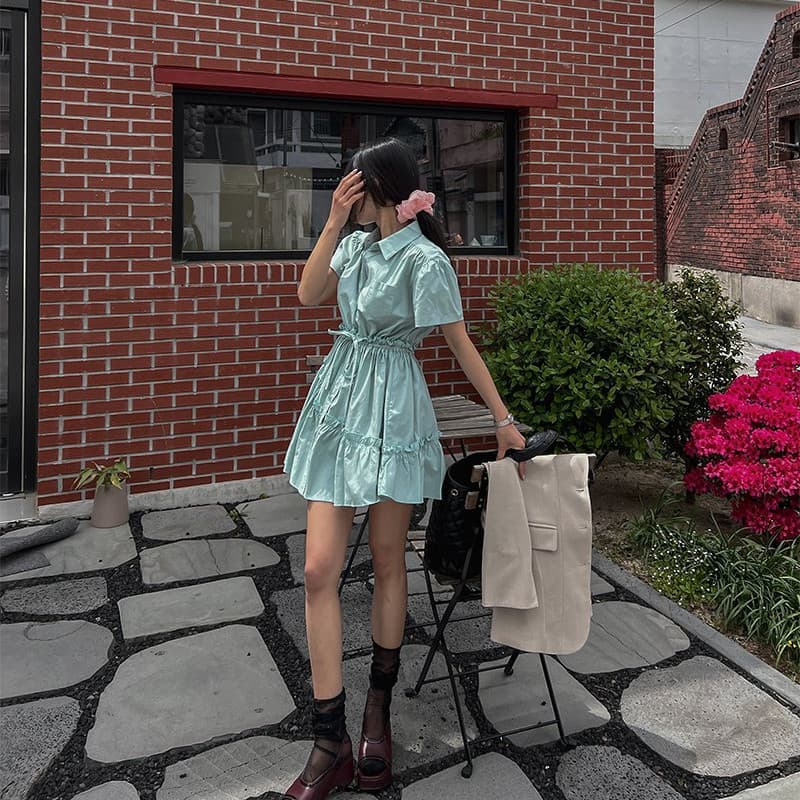 있음 선적 폴로 칼라 허리 수축 프릴 반팔 셔츠 드레스 이미지 5