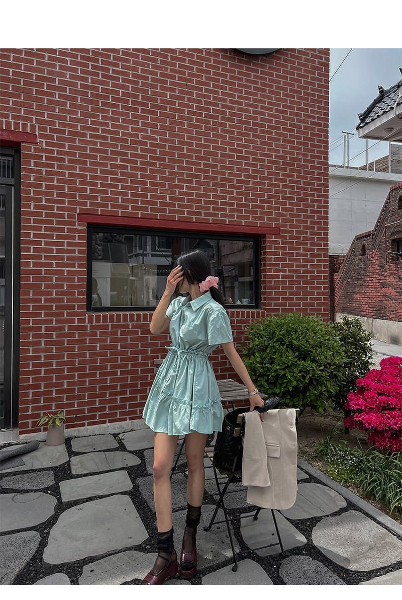 있음 선적 폴로 칼라 허리 수축 프릴 반팔 셔츠 드레스 상세 이미지 2