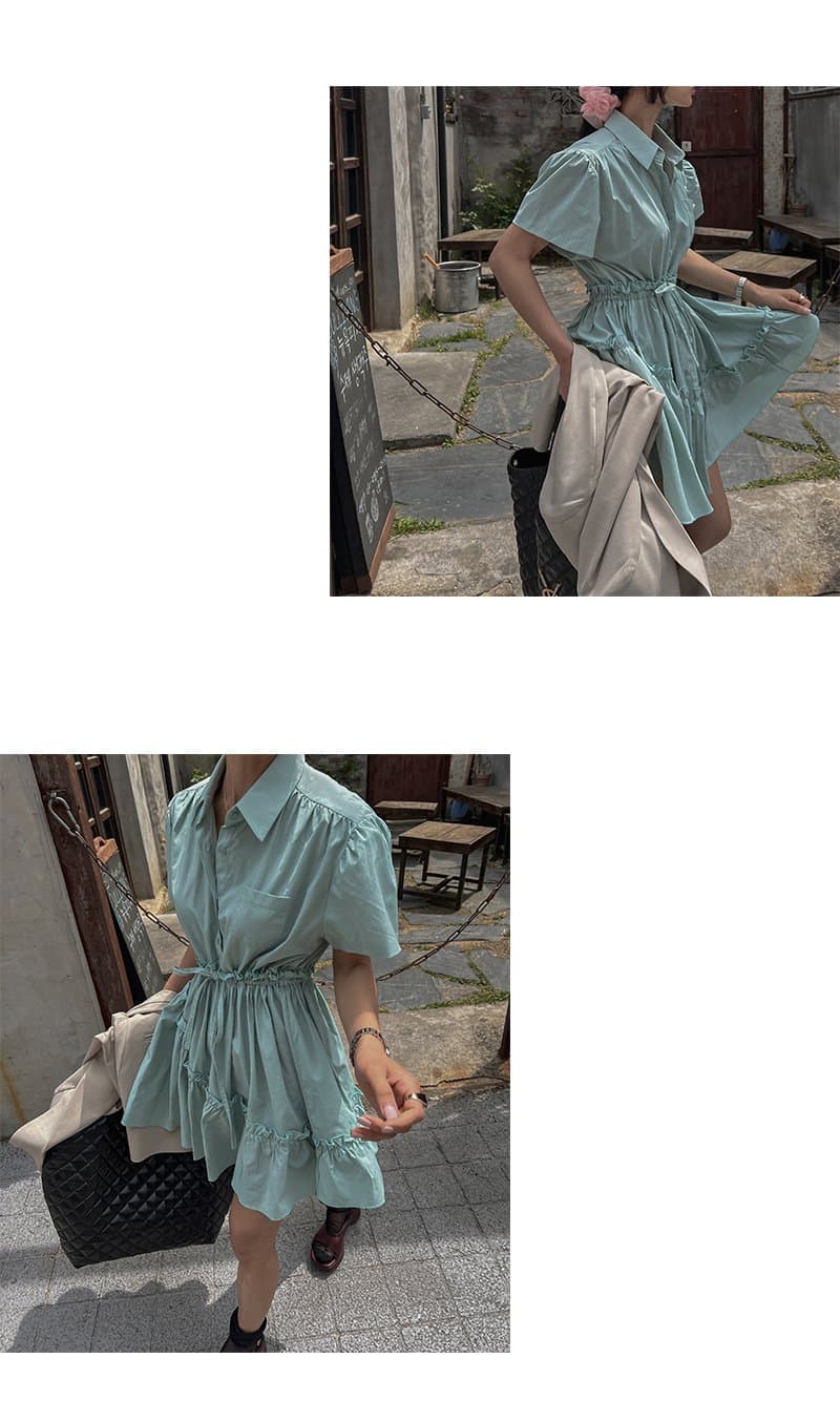 있음 선적 폴로 칼라 허리 수축 프릴 반팔 셔츠 드레스 상세 이미지 11