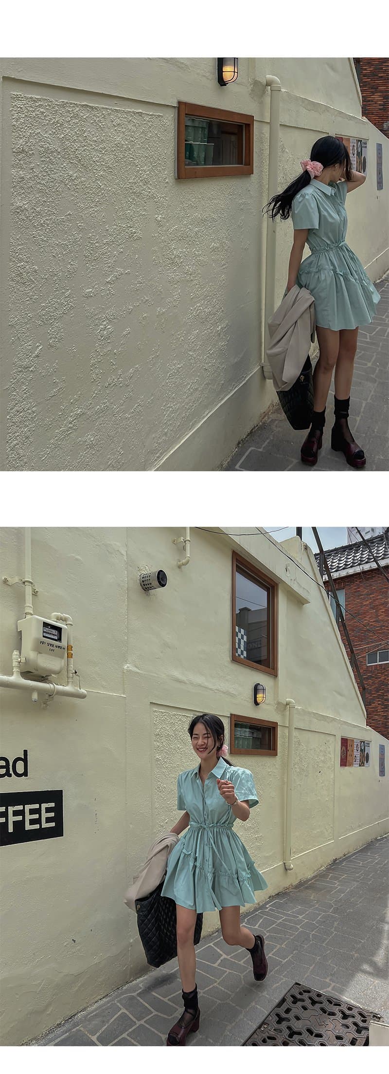 있음 선적 폴로 칼라 허리 수축 프릴 반팔 셔츠 드레스 상세 이미지 14