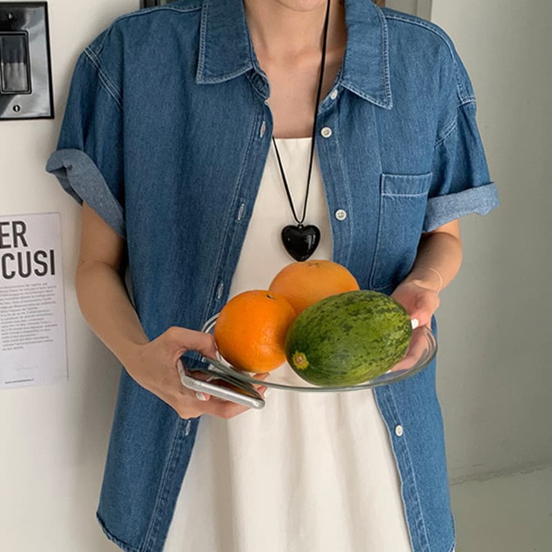 있음 선적 단색 폴로 칼라 싱글 줄 버튼 반팔 데님 여성 셔츠