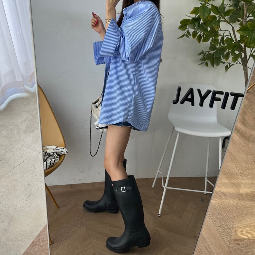 있음 선적 루즈핏 긴팔 뒤에 단추 스트라이프 여성 셔츠 상세 이미지 6