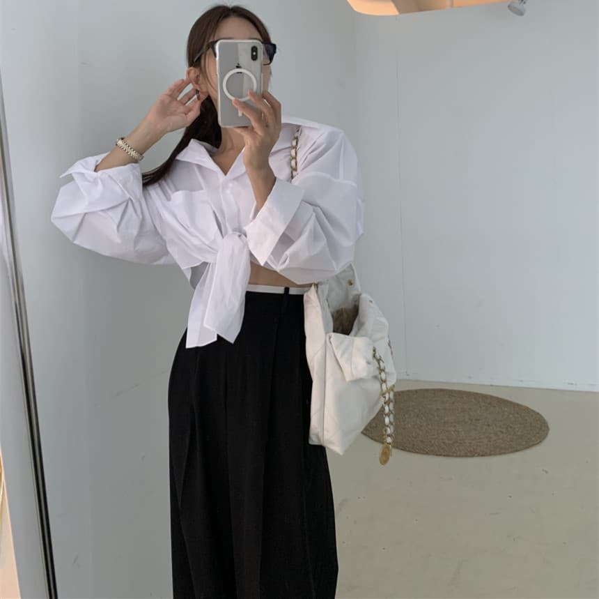 있음 선적 싱글 줄 버튼 불규칙 긴팔 여성 셔츠 이미지 4