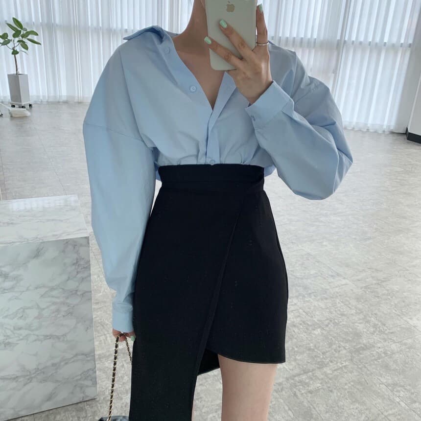 있음 선적 싱글 줄 버튼 폴로 칼라 루즈핏 긴팔 여성 셔츠 상세 이미지 7