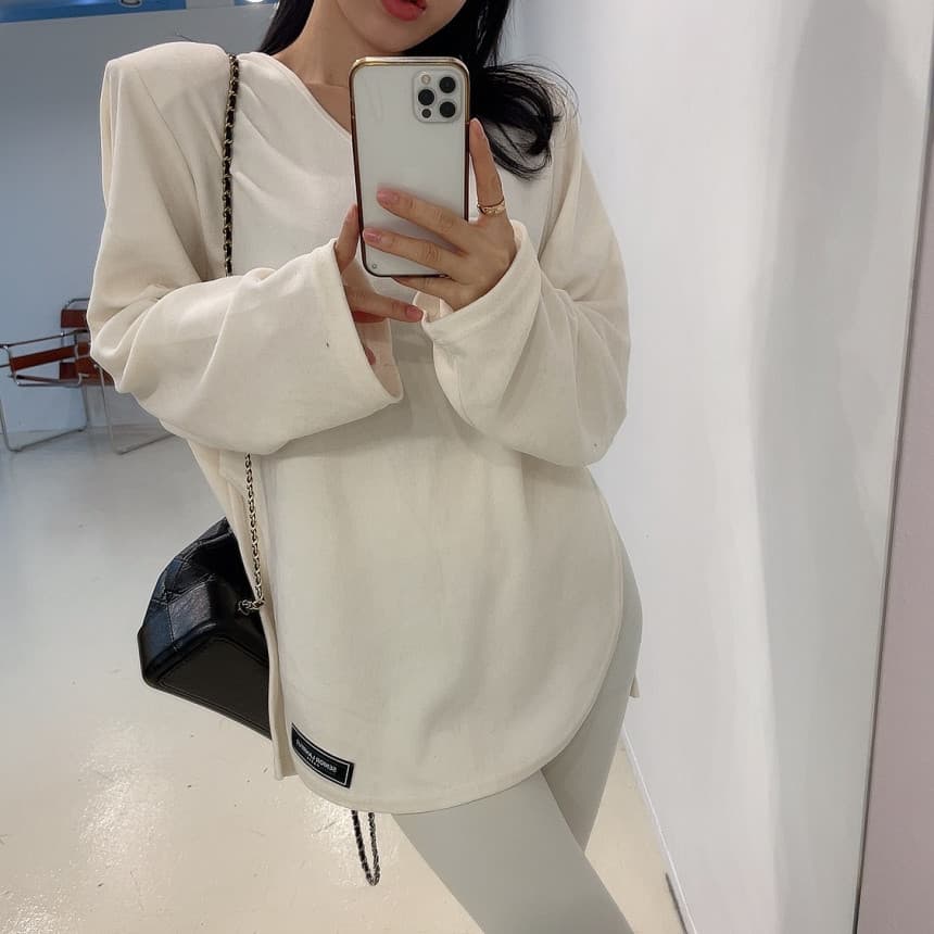 있음 선적 루즈핏 미니멀리즘 V넥 긴팔 기본 셔츠 t 여성 이미지 5