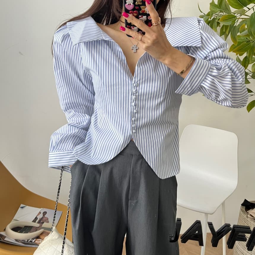 있음 선적 싱글 줄 버튼 빅 칼라 긴팔 여성 셔츠 상세 이미지 6