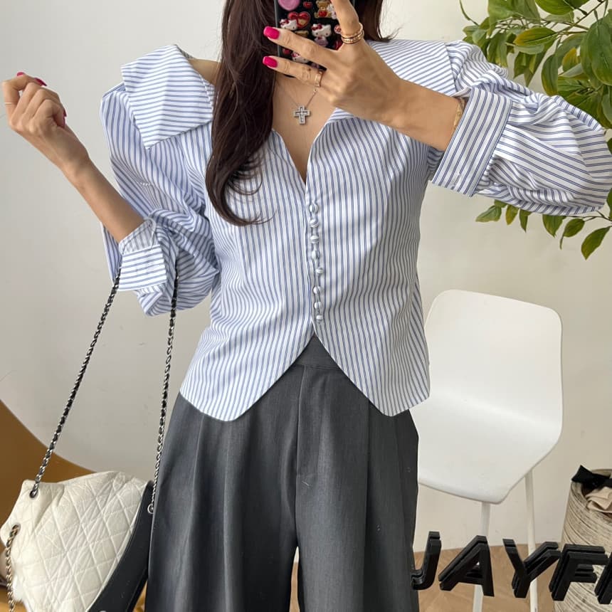 있음 선적 싱글 줄 버튼 빅 칼라 긴팔 여성 셔츠 상세 이미지 10