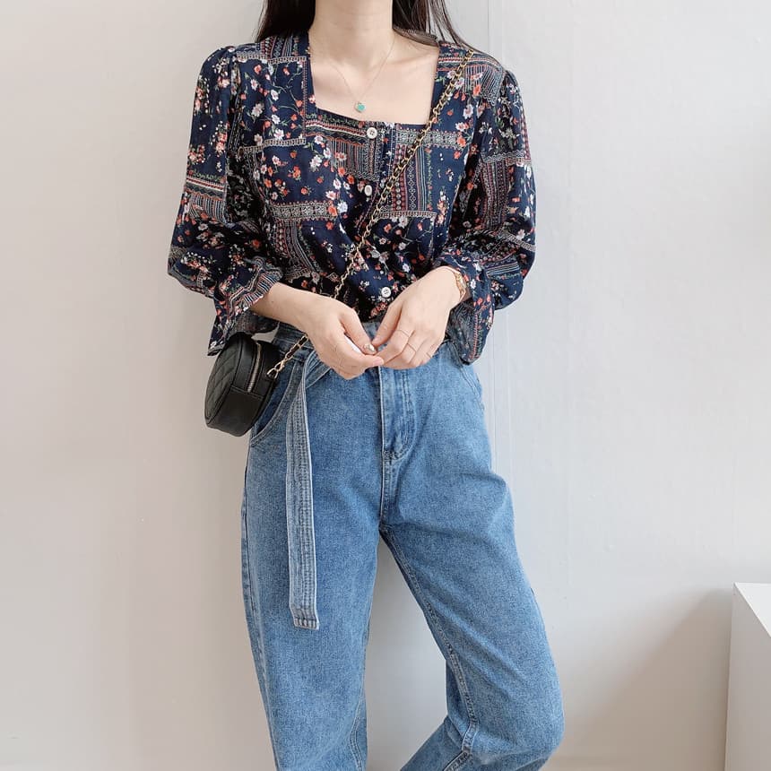 있음 선적 민족 스타일 작은 꽃무늬 광장 칼라 나팔 소매 여성 셔츠 상세 이미지 1