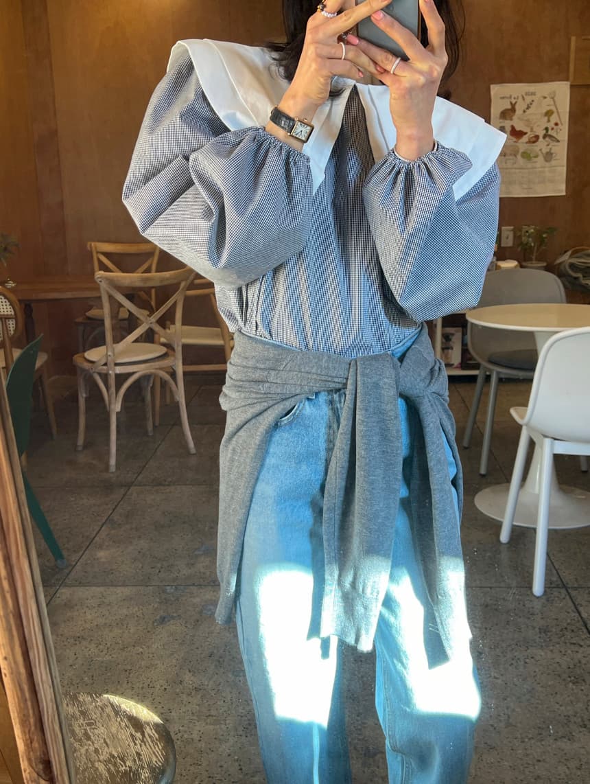 있음 선적 이중층 베이비 칼라 거품 소매 긴팔 체크무늬 여성 셔츠 상세 이미지 1