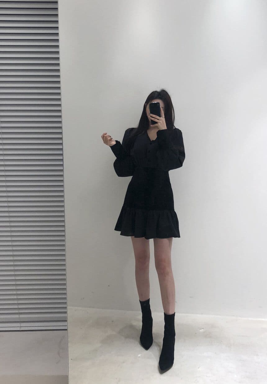 있음 선적 가을 의상 V넥 프릴 벨벳 패치워크 드레스 상세 이미지 11