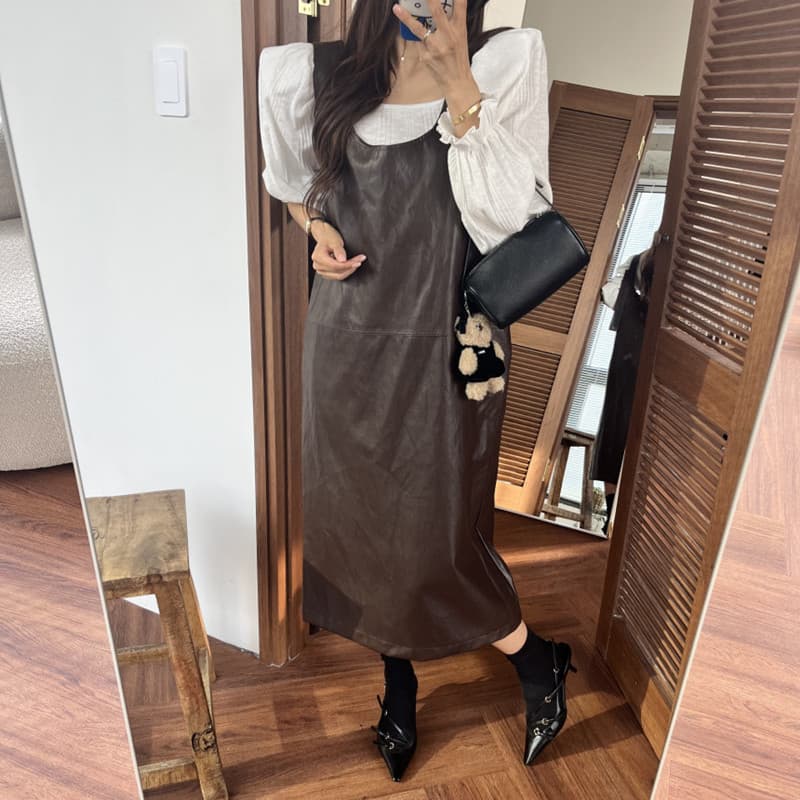 있음 선적 패션 미니멀리즘 u 칼라 레이스업 pu 조끼 원피스 이미지 3