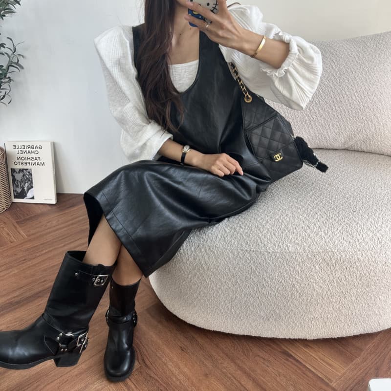있음 선적 패션 미니멀리즘 u 칼라 레이스업 pu 조끼 원피스 이미지 2