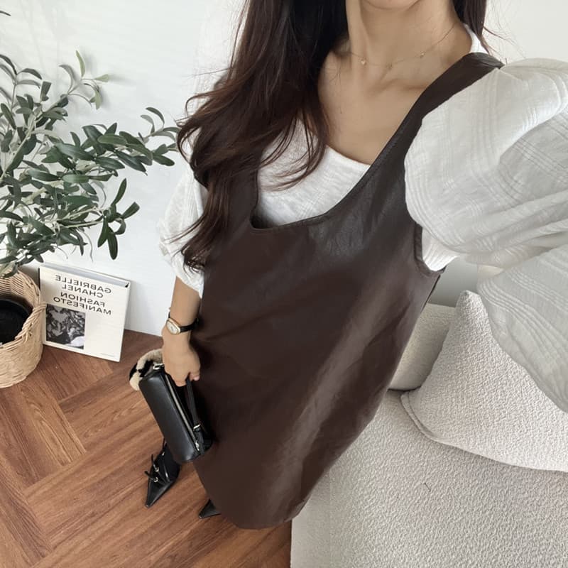 있음 선적 패션 미니멀리즘 u 칼라 레이스업 pu 조끼 원피스 이미지 5