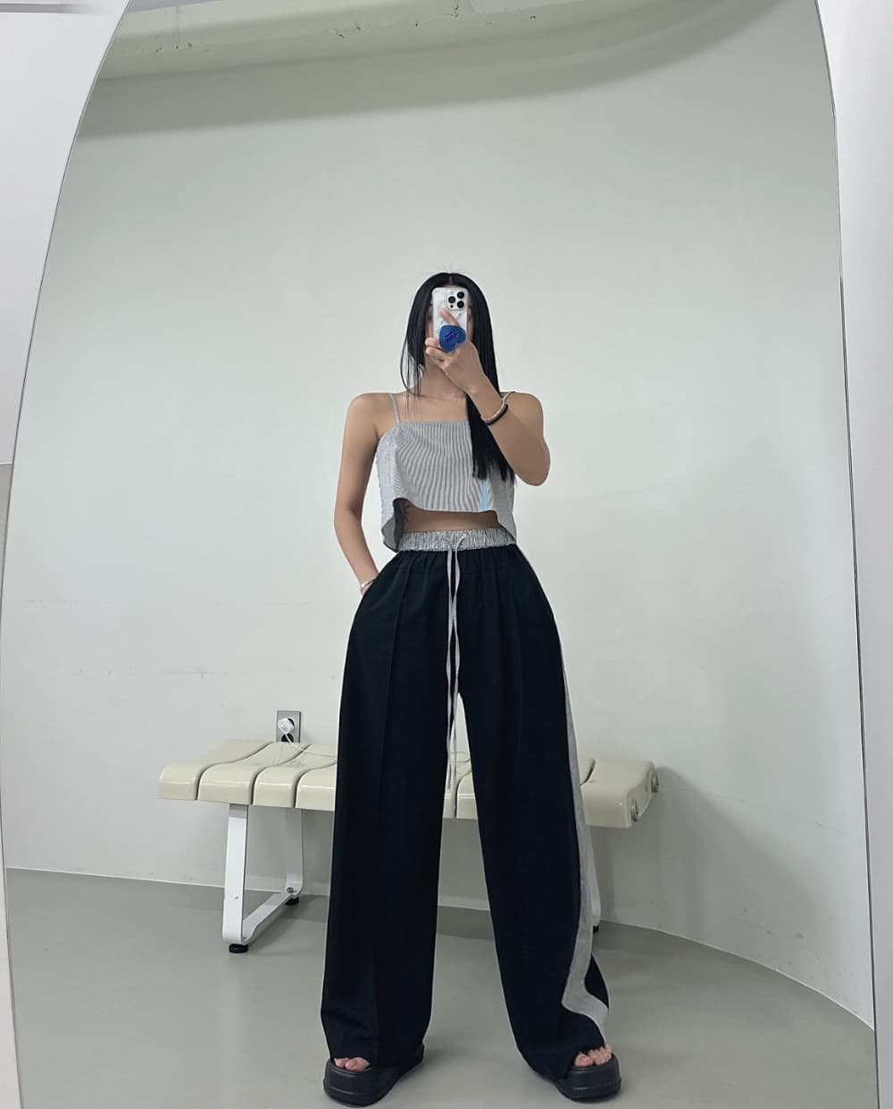 있음 선적 패치워크 색상 캐주얼 루즈핏 도루 센스 스트레이트 와이드 레깅스 바지 상세 이미지 1