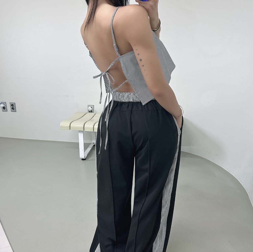있음 선적 패치워크 색상 캐주얼 루즈핏 도루 센스 스트레이트 와이드 레깅스 바지 상세 이미지 3