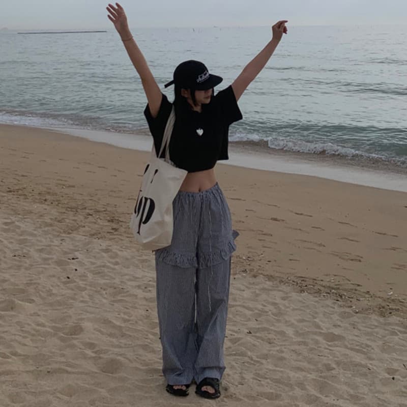 있음 선적 가을 허리밴드 스트라이프 캐주얼 긴 바지 여성 이미지 2