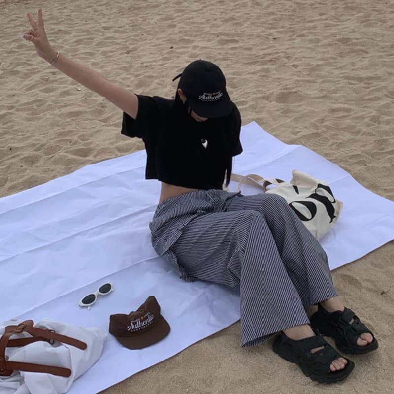 있음 선적 가을 허리밴드 스트라이프 캐주얼 긴 바지 여성 이미지 5