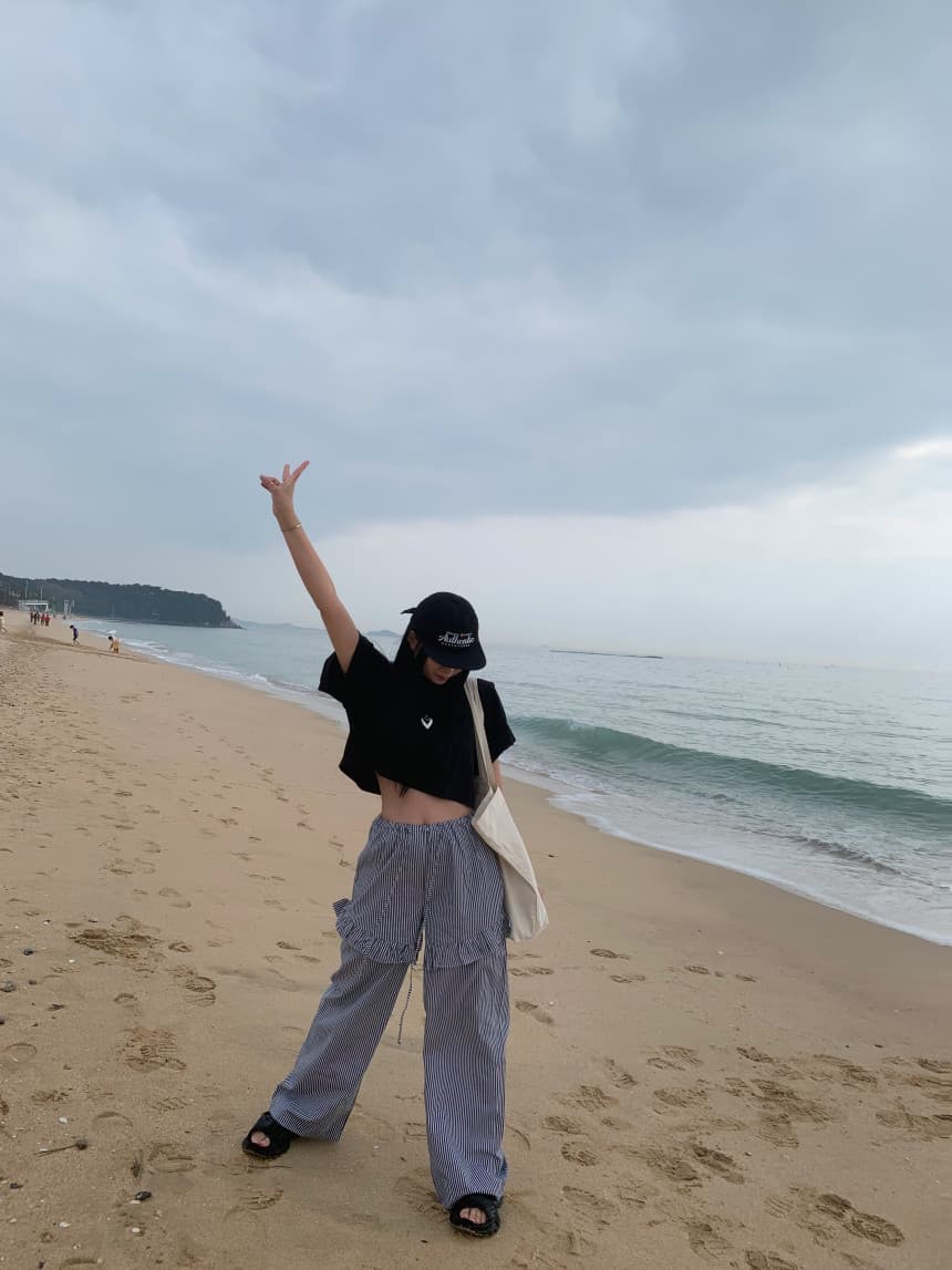 있음 선적 가을 허리밴드 스트라이프 캐주얼 긴 바지 여성 상세 이미지 2
