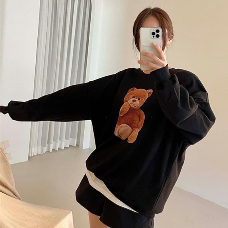 있음 선적 프린트 라운드 넥 루즈핏 긴팔 후드티 여성