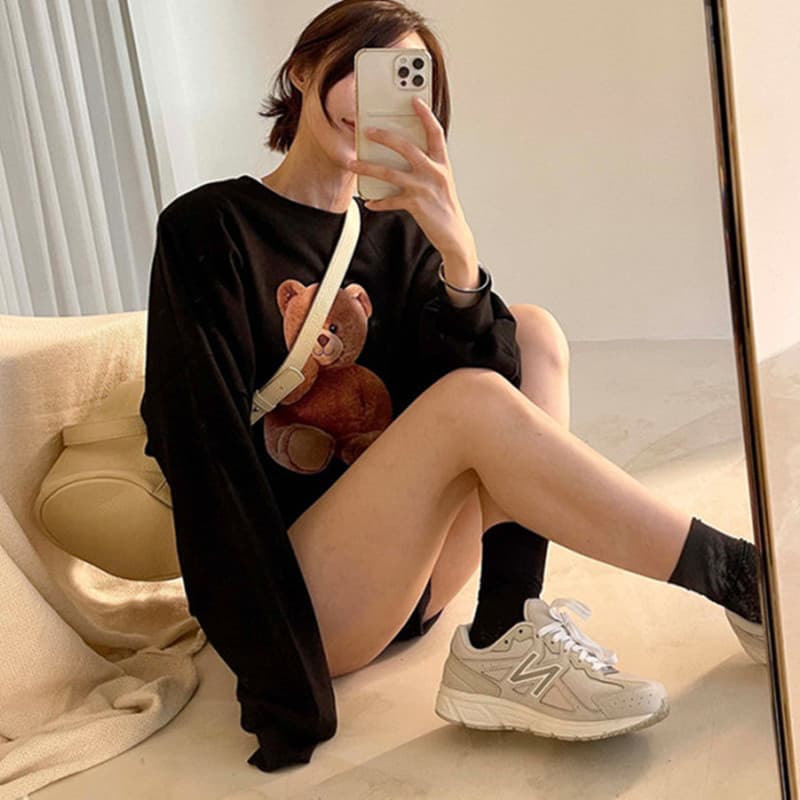있음 선적 프린트 라운드 넥 루즈핏 긴팔 후드티 여성 이미지 5