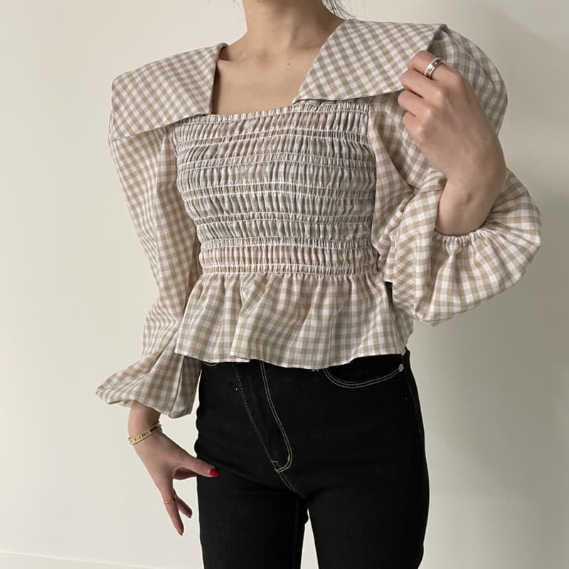 있음 선적 광장 칼라 체크무늬 거품 소매 긴팔 여성 셔츠