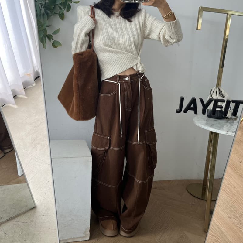 있음 선적 루즈핏 스트레이트 와이드 레그 팬츠 명시적 스티치 캐주얼 워크웨어 긴 바지 여성 이미지 5