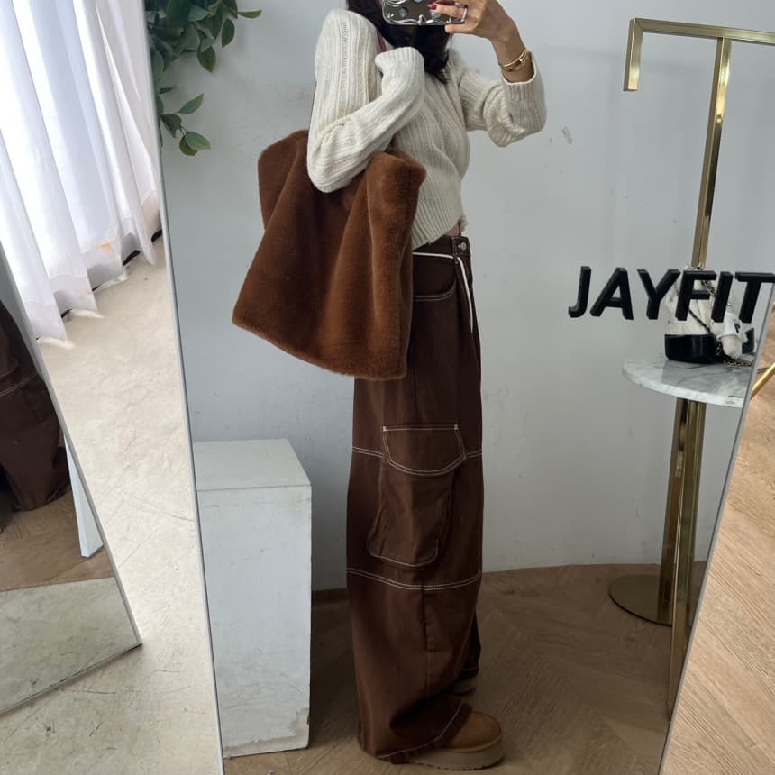 있음 선적 루즈핏 스트레이트 와이드 레그 팬츠 명시적 스티치 캐주얼 워크웨어 긴 바지 여성 상세 이미지 5